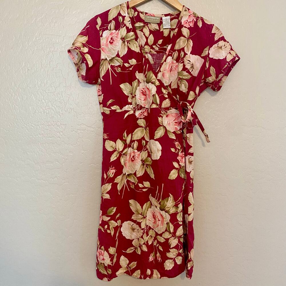 Liz Claiborne Wrap Dress Linen Cotton Womens Size 4 Floral Short Sleeve
